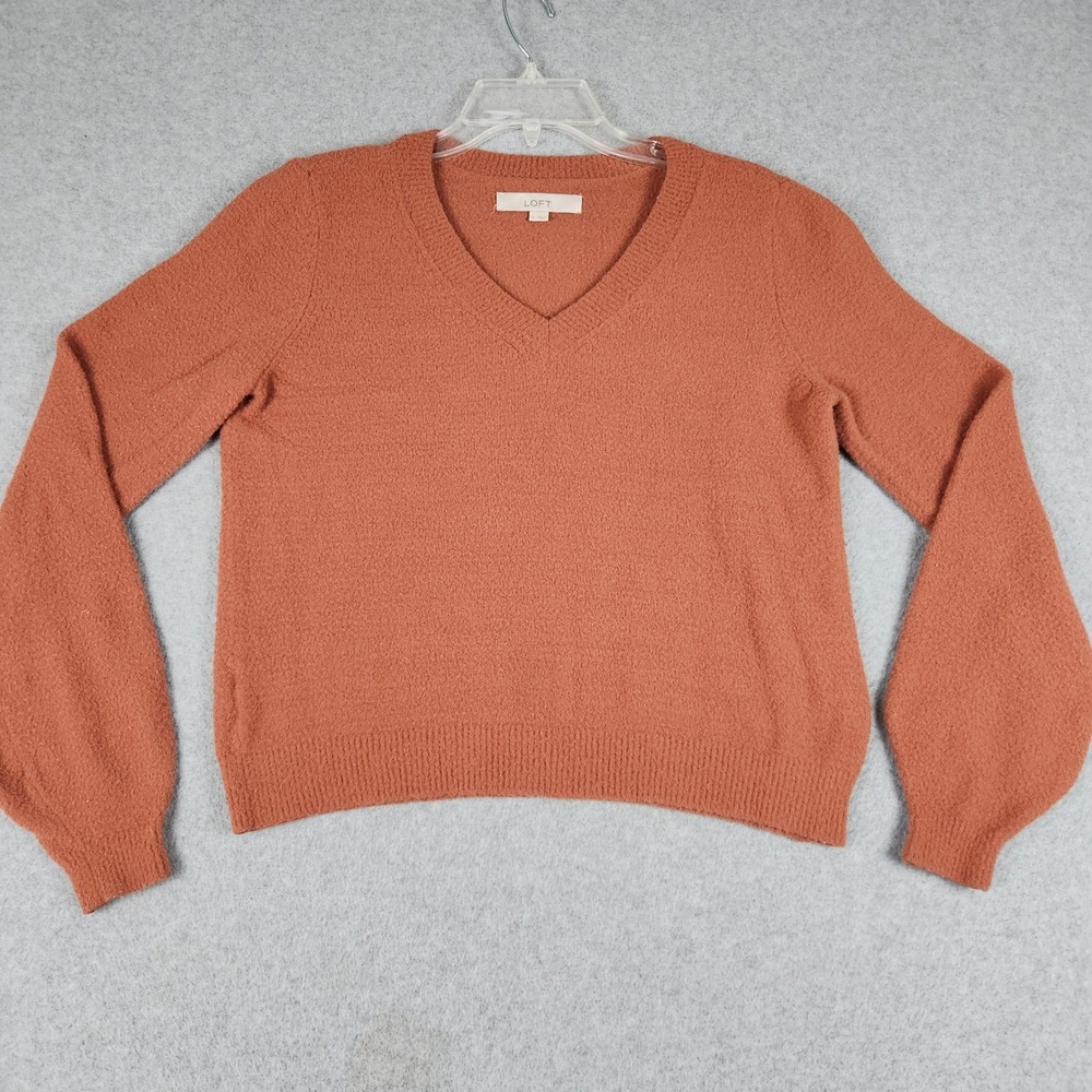 LOFT Sweater Women Small Rust Orange Fuzzy Knit V-Neck Pullover Relaxed Casual
